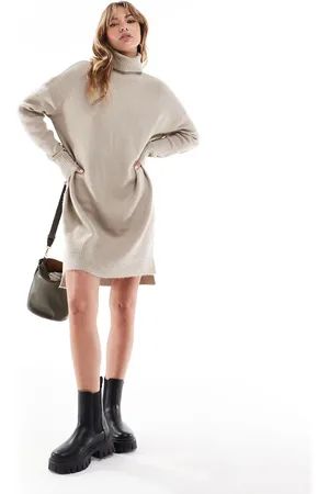 Brave Soul Knitted roll neck mini jumper dress in beige