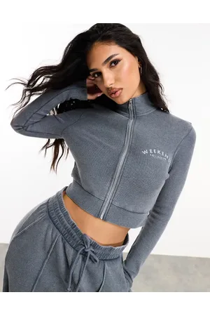 ASOS Weekend Collective co-ord waffle zip through sweatshirt with logo in acid washed