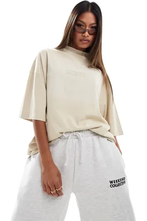 ASOS Weekend Collective high neck t-shirt with acid wash in cream