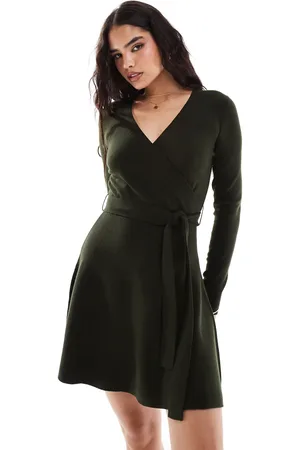 French Connection Soft knitted wrap mini skater dress in khaki