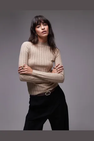 MANGO High neck ribbed knitted top in beige