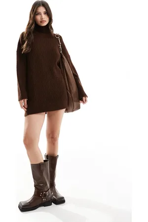 ASOS High neck knitted mini dress in chocolate