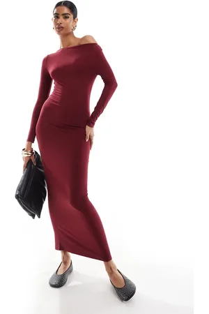 Miss Selfridge Long sleeve slash neck maxi dress in burgundy