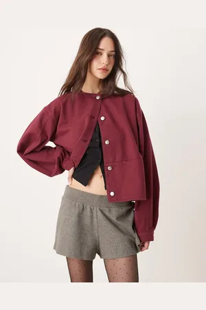 ASOS Denim collarless jacket in burgundy