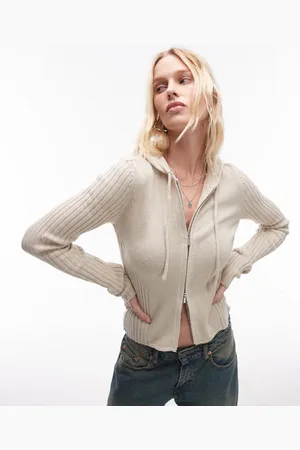 MANGO Zip through knitted hoodie in oatmeal