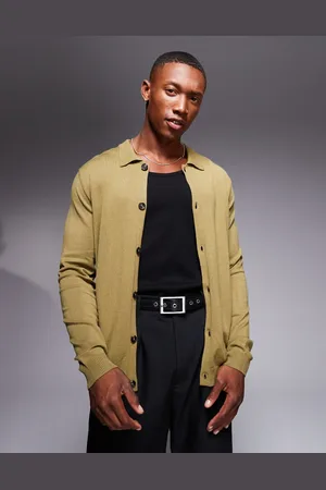 ASOS Co-ord knitted button through long sleeve polo in khaki