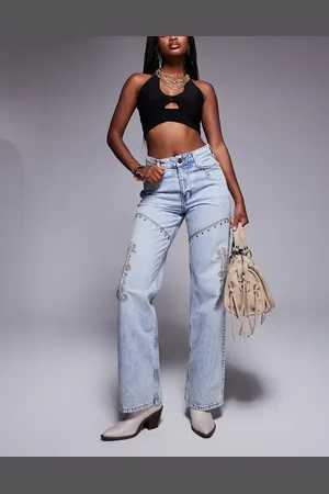 River Island Relaxed straight leg jean with western detail in lightwash
