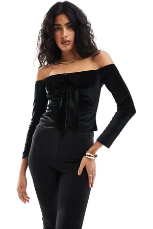 ASOS Bardot velvet long sleeve top with extreme bow detail in