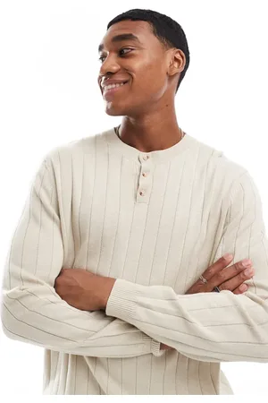 ASOS Relaxed knitted wide rib grandad neck jumper in oatmeal
