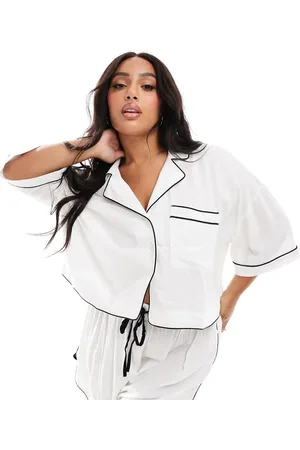 ASOS ASOS DESIGN Curve super soft slinky crop pyjama shirt in with contrast binding