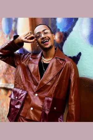 Labelrail X OliBrom faux leather crop jacket with contrast dramatic pockets in tobacco co-ord
