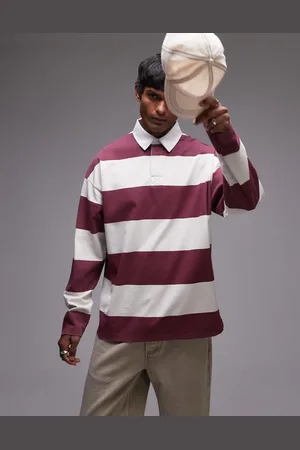 Topman Oversized fit stripe polo with woven collar in burgundy