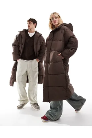 COLLUSION Unisex maxi puffer jacket with hood in brown