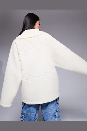 ASOS Weekend Collective rib neck zip through borg with embossed back in cream