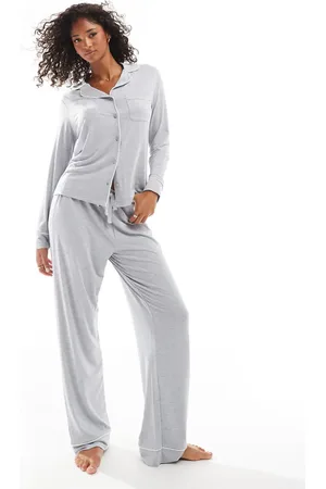 ASOS Super soft long sleeve shirt & trouser pyjama set with contrast piping in marl