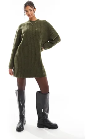 ASOS Knitted crew neck mini dress in wide rib in khaki