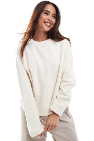 Stradivarius Brushed round neck long sleeve top in ecru