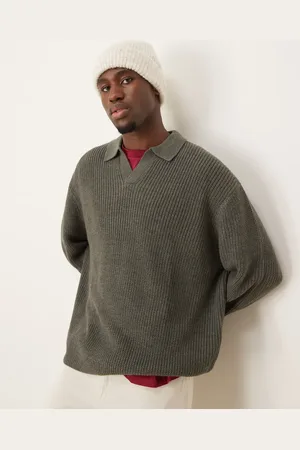 ASOS Oversized knitted fisherman rib notch neck jumper in charcoal marl