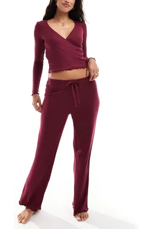 Boux Avenue Ribbed wrap long sleeve pyjama top and trouser set in burgundy