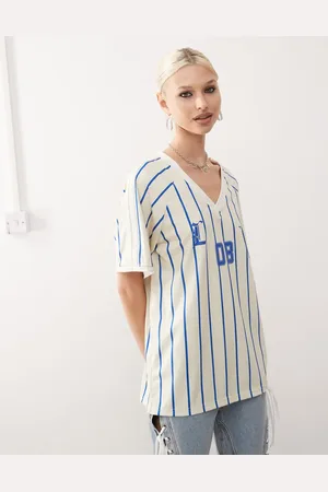 Lioness V neck sports jersey co-ord in blue and cream stripe
