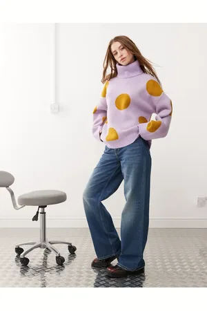 Monki Turtleneck oversized knit sweater in lilac and mustard polka dot