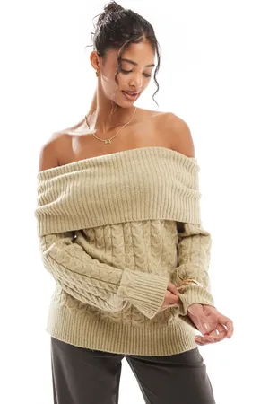 Bershka Bardot cable knit jumper in khaki