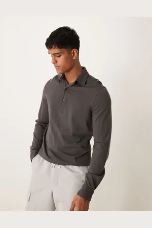 MANGO Button down long sleeve polo in grey