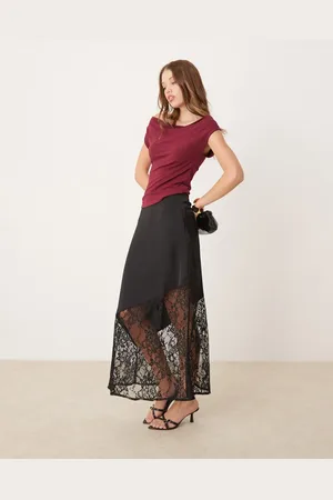 Finding Friday Satin midi skirt with lace insert in