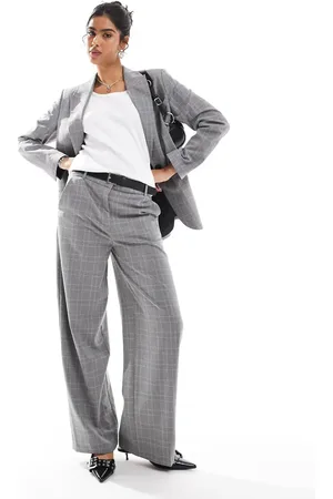 Bershka Wide leg belted tailored trousers co-ord in check