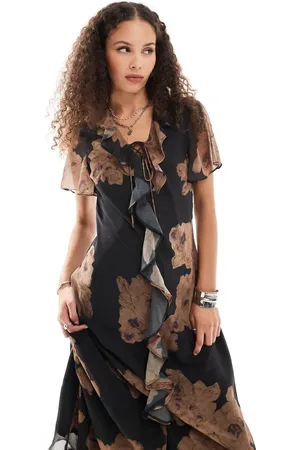 Reclaimed Midi dress with tie front and ruffles in floral print