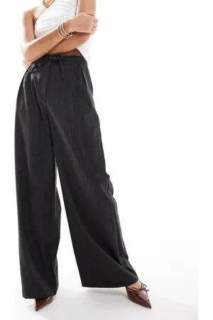 ASOS Tailored tie waist wide leg trousers with pleat detail in brushed charcoal stripe