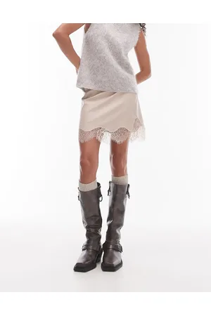 Topshop Faux leather lace insert mini skirt in fawn
