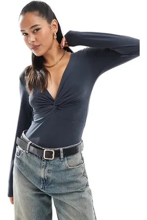 Stradivarius Twist front bodysuit in charcoal