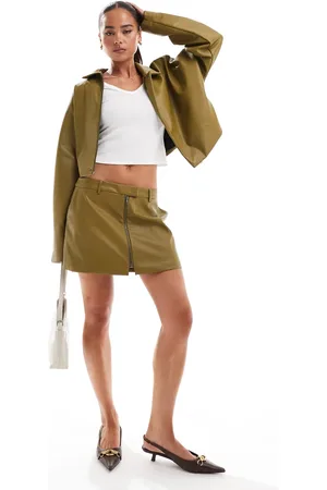 ASOS Faux leather zip through tailored micro skirt co-ord in olive