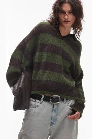 Topshop Knitted fluffy stripe relaxed polo in grey and green