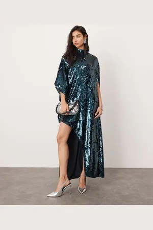 ASOS Sequin high neck cape sleeve mini dress with asymmetric hem in dark