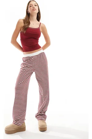 ASOS Mix & match pyjama trouser with exposed waistband and picot trim in burgundy stripe