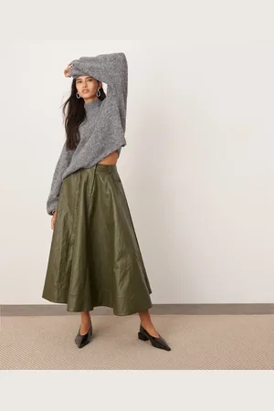 ASOS Crinkle PU full midi skirt in khaki green