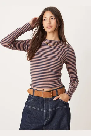 Miss Selfridge Long sleeve rib crew neck top in navy and brown stripe