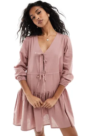 Esmée Esmee Exclusive linen mix long sleeve tiered mini tie front beach dress in caramel