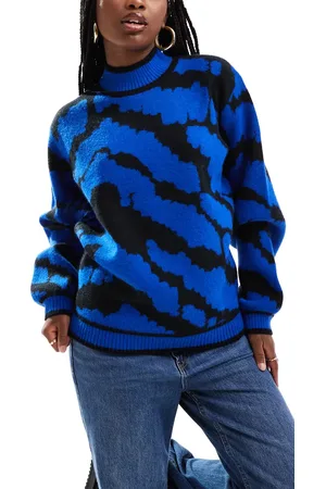 South Beach Funnel neck zebra knit jumper in cobalt