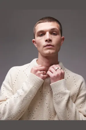 Topman Oversized diamond pointelle knitted polo in cream