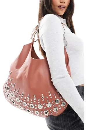 ASOS Premium leather eyelet detail scoop tote bag in rose