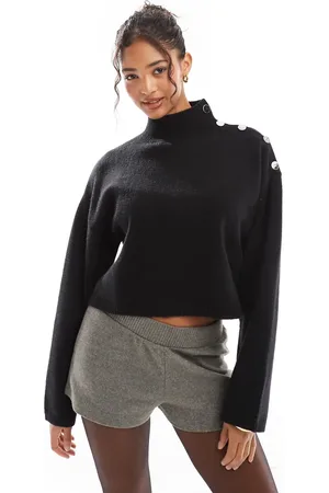 Bershka Gold button detail high neck jumper in