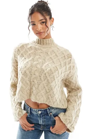 Bershka High neck chunky jumper in sand