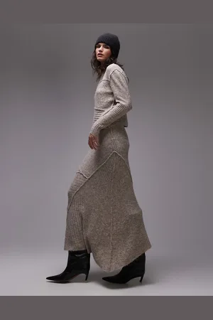 Topshop Knitted co-ord skirt with asymmetric hem in oat