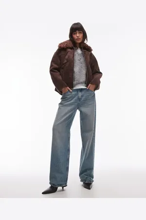 MANGO Suede look aviator with shearling collar in dark