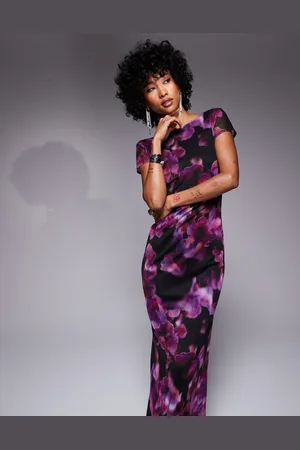 Missyempire Slash neck cap sleeve scoop back maxi dress in floral
