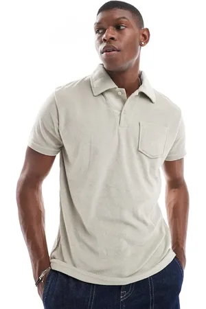 Brave Soul Towelling co-ord polo shirt with revere collar in stone