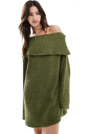 ASOS Fluffy knit fallen shoulder mini dress in olive